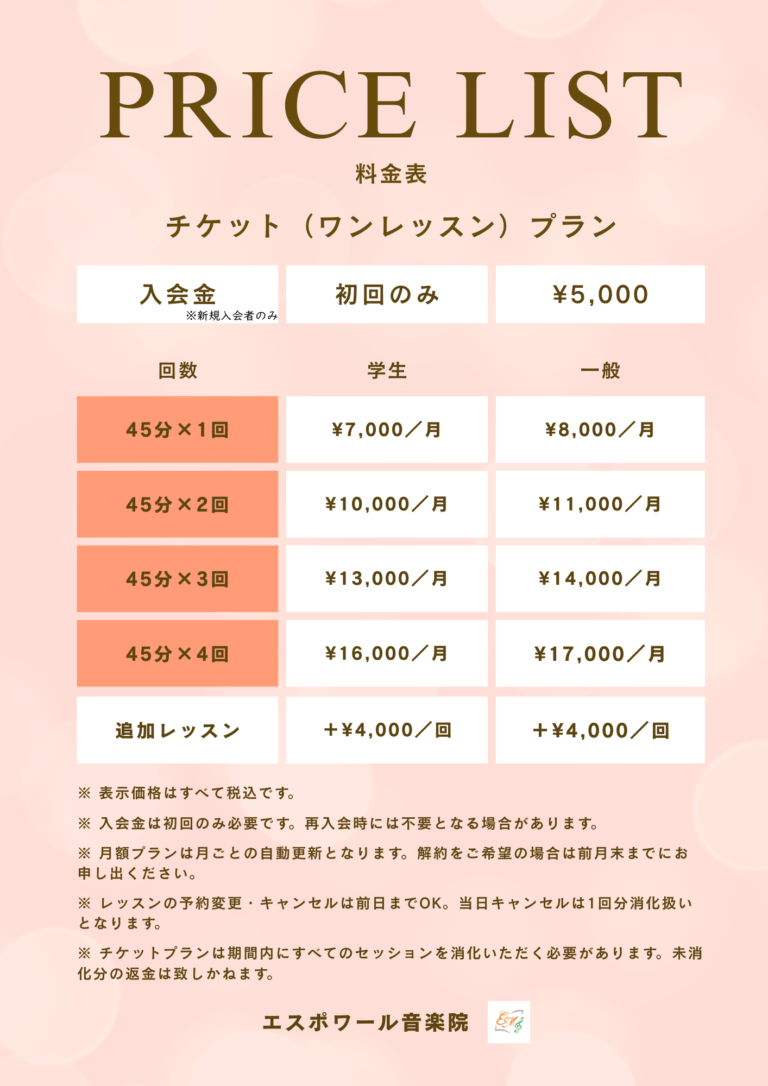 エスポワール音楽院のレッスンプラン　ワンレッスン