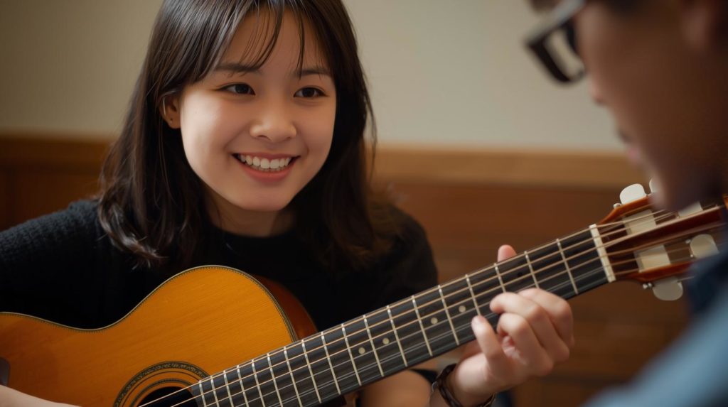 クラシックギターレッスンをする笑顔の日本人女性