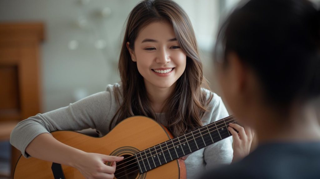 クラシックギターレッスンをする笑顔の日本人女性