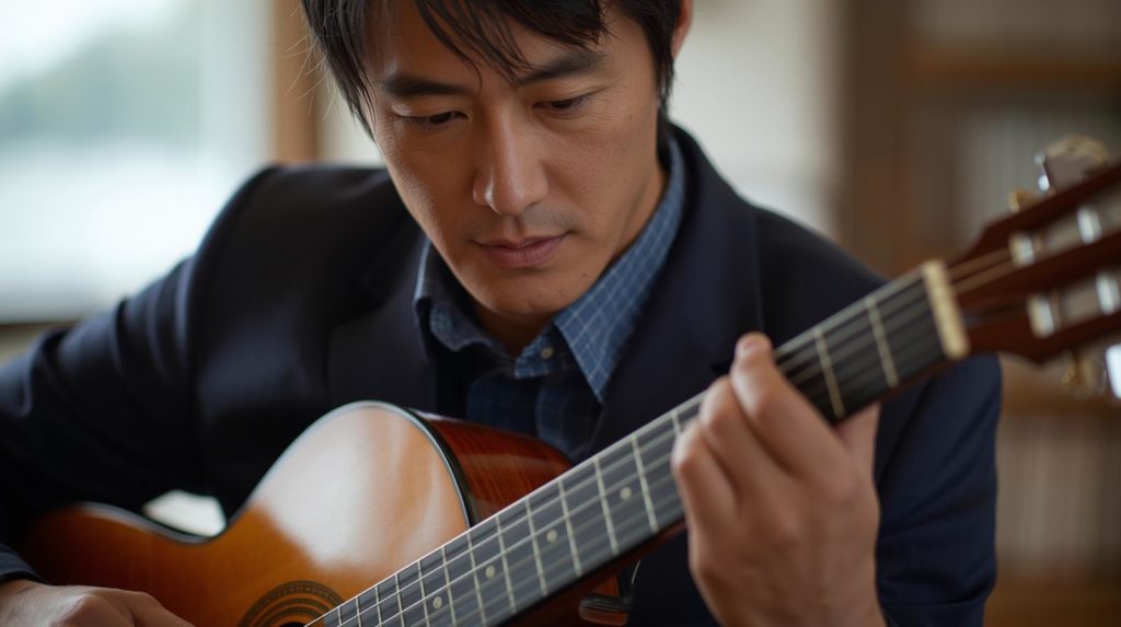正しいフォームで一生懸命クラシックギターの練習をする日本人イケメン